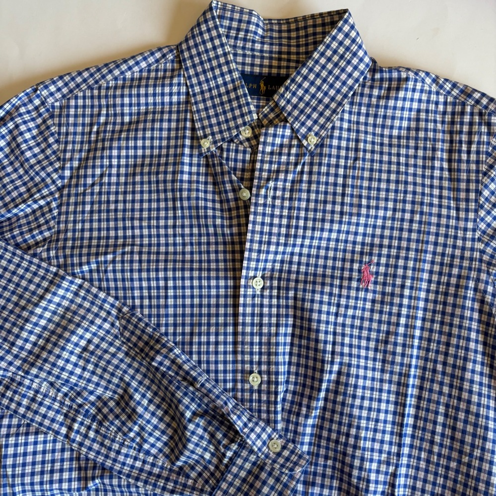 Ralph Lauren Mens Blue White Gingham Check Button Down Cotton Shirt Small